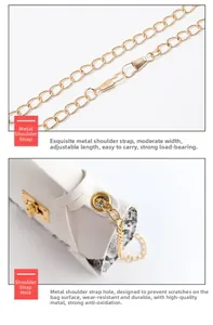 Detail of adjustable gold chain strap and reinforced metal eyelets on white textured bag