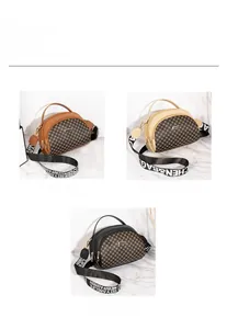 Three elegant quilted crossbody bags in brown, apricot, and black with wide woven straps