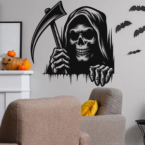 Halloween Grim Reaper wall sticker with scythe design for spooky home decor