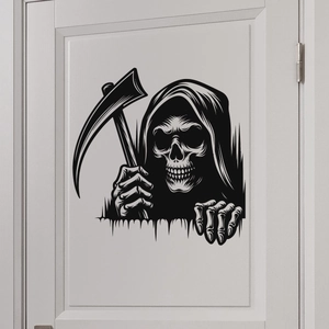 Gothic Grim Reaper wall decal with scythe for Halloween decor on white wooden door