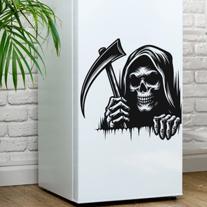 Black Grim Reaper vinyl wall decal with scythe applied to a white refrigerator side