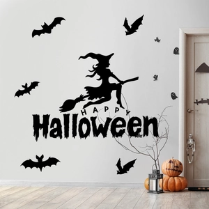 Stickers muraux Halloween avec sorcière, chauves-souris et fantômes décoratifs