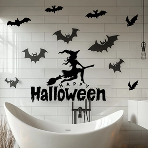 Stickers muraux Halloween avec silhouette de sorcière, chauves-souris et lettrage festif