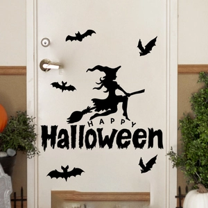 Stickers muraux Halloween avec sorcière et chauves-souris sur une porte blanche