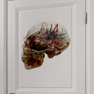 Sticker mural tête de mort réaliste avec taches de sang et araignée pour Halloween