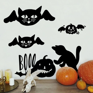 Halloween black cat silhouette wall decals with wings, pumpkin, and BOOO text stickers