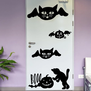 Halloween black cat with wings wall stickers and BOOO pumpkin decor on white door