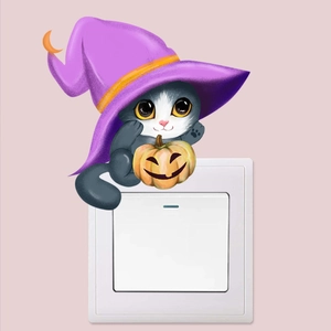 Adesivo murale luminoso di Halloween con gatto, cappello da mago e zucca per decorazione