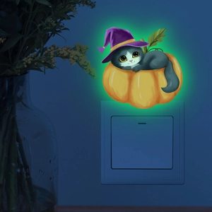 Adesivo murale luminoso di Halloween con gatto e zucca per decorazione dell'interruttore