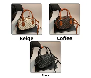 Detailed comparison of beige, coffee, and black patterned Boston handbags with top handles
