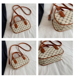 Multi-angle view of vintage Boston cylinder bag with chain print and brown leather trim