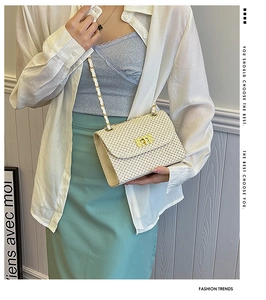Detailed view of beige woven crossbody bag with gold twist lock and chain strap