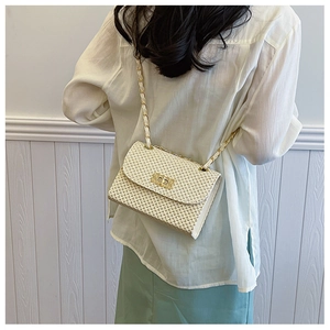 Close-up of the textured woven straw pattern and golden metal chain strap of the bag