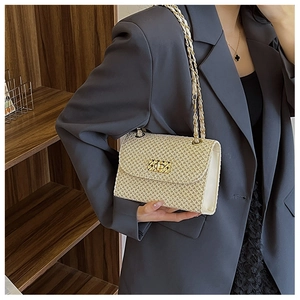 Detailed view of beige woven crossbody bag with gold metal chain and turn-lock closure