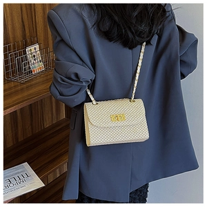 Detail of beige woven straw crossbody bag with golden chain and logo flip cover