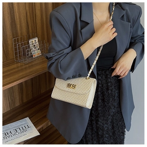 Detail of cream woven straw crossbody bag with golden chain strap and metallic buckle
