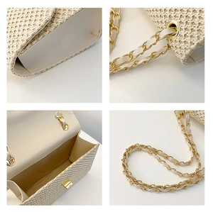 Detailed views of beige straw woven bag featuring gold chain strap and magnetic closure