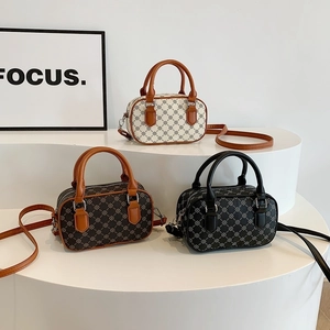 Summer print mini Boston bags in white, brown, and black with detachable straps