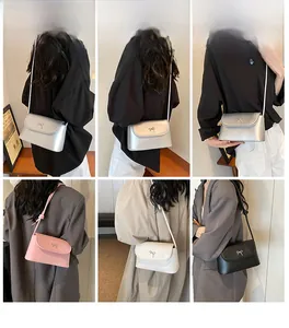 Detailed views of crossbody bags with metal bow buckle in four elegant colors