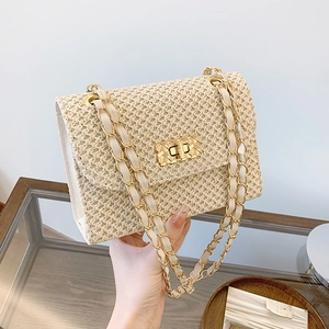 Women Fashion Straw Woven Crossbody Bag Simple Chain Small Square Bag Shoulder Bag For Summer Vacation Beach Casual