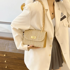 Straw woven square crossbody bag with gold chain strap and metallic twist lock clasp