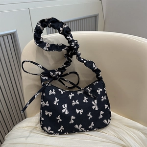 Women Canvas Underarm Bag White Bow Print Ruched Shoulder Strap Ribbon Decor Casual Crossbody Purse Fashion Handbag
