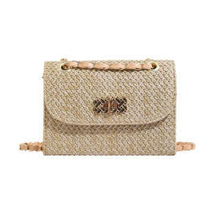 Straw square handbag with woven texture, metal flip-lock, and gold chain strap for summer