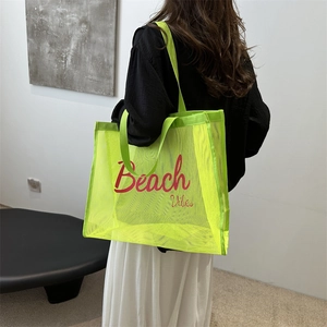 Neon green mesh beach tote bag with red Beach Vibes text and large capacity