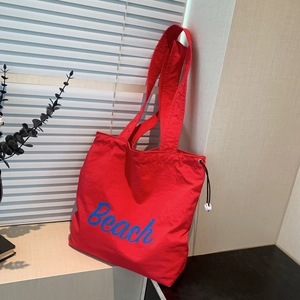 Canvas Tote Bag Large Capacity Drawstring Letter Print Beach Shoulder Handbag For Women Casual Commuter Shopping