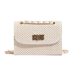 Elegant straw shoulder bag with gold chain strap and metal lock in creamy white finish