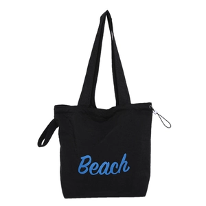Minimalist black canvas tote bag with blue Beach print and zipper closure for women