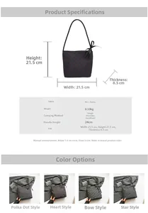 Detailed spec sheet of retro polka dot underarm bag with dimensions and style options