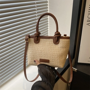 Damen Mode Stroh Gewebt Beuteltasche Sommer Strand Urlaub Stil PU Leder Trim Handtasche Schulter Umhängetasche