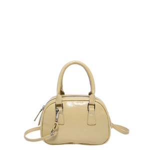 Yellow glossy patent leather Boston bag with vintage pleated texture and silver hardware