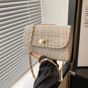Borsa a Spalla Vintage in Tweed Con Catena per Donna Quadri in Seta Oro Piccola Borsa a Tracolla Elegante Borsa da Sera