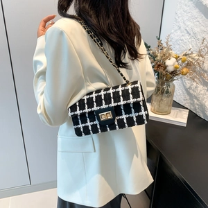 Elegante Tweed Karo Kette Schultertasche Mit Metall Drehverschluss Kleine Quadratische Umhängetasche Damen Französischer Stil
