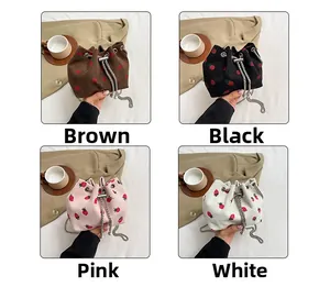 Corduroy bucket bag with strawberry embroidery in four colors with chain strap