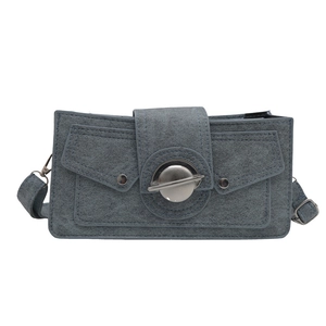 Blue rectangular shoulder bag with dual pockets and round metal lock closure