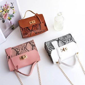Fashion Women Snake Print Color Block Small Square Crossbody Bag PU Leather Twist Lock Metal Chain Shoulder Handbag