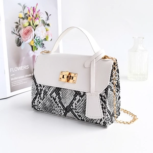 Women's chic flap bag with snake print contrast panels and gold clasp chain strap