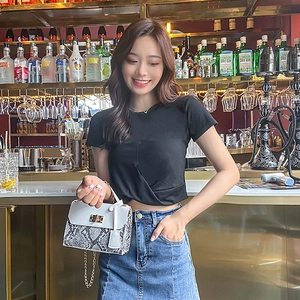 Chic snake print flap bag with gold hardware and chain strap shown in a stylish bar setting