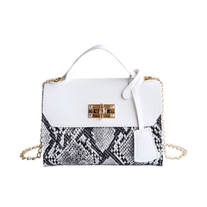 Snakeskin patchwork mini satchel bag with gold lock and chain strap on white background