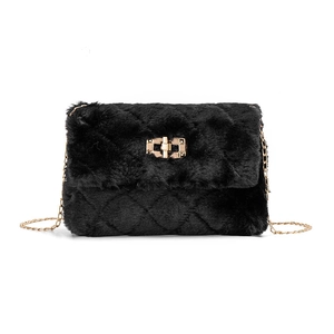Chic black faux fur crossbody flap bag with gold metal chain strap and quilted pattern