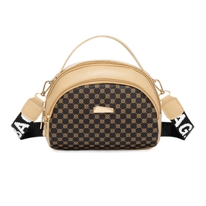 Retro patchwork beige and brown shell bag with wide fabric strap and golden hardware
