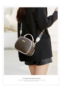 Retro geometric pattern handbag with a colorful LOVE embroidered wide shoulder strap