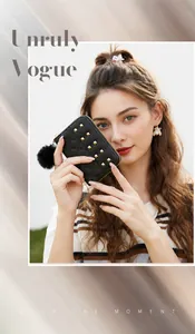 Chic black quilted card holder with gold studs and pompom held by fashion model