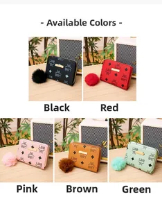 Multi-slot printed mini wallets with faux leather texture and plush pompom keychain