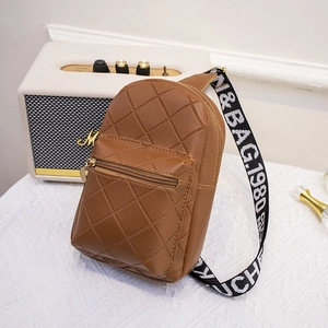 Brown quilted leather crossbody chest bag with adjustable patterned wide strap
