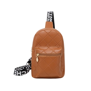 Brown quilted diamond pattern chest bag with contrast letter strap on white background