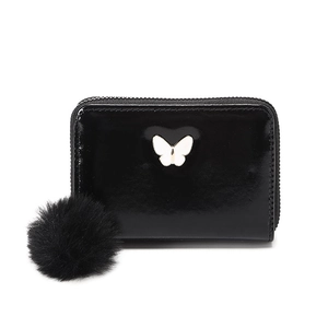 Portefeuille noir brillant pour femme avec papillon, fermeture éclair et pompon doux